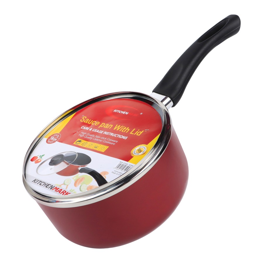 KITCHENMARK Nonstick Aluminium Saucepan with Glass Lid 18cm - Red