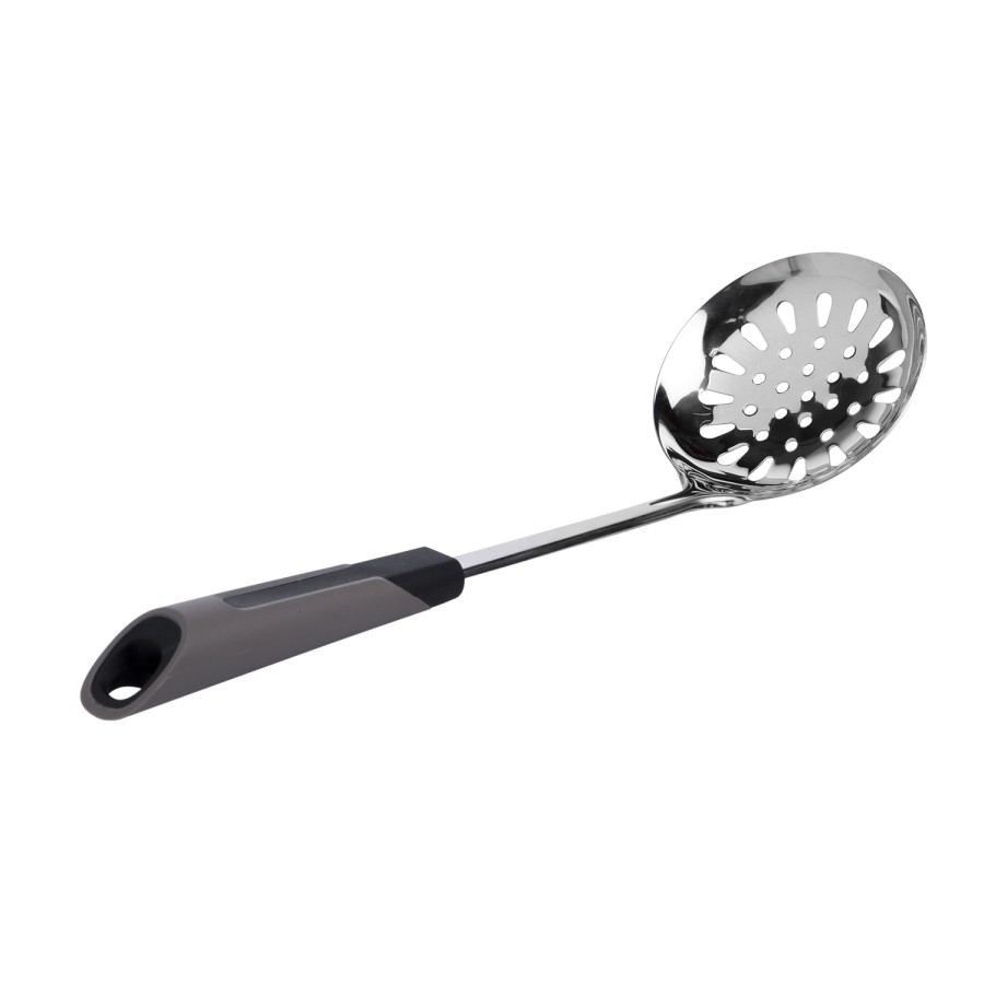 Generic Stainless Steel Skimmer Slotted Spoon 35cm - Plastic Silicon Handle Black