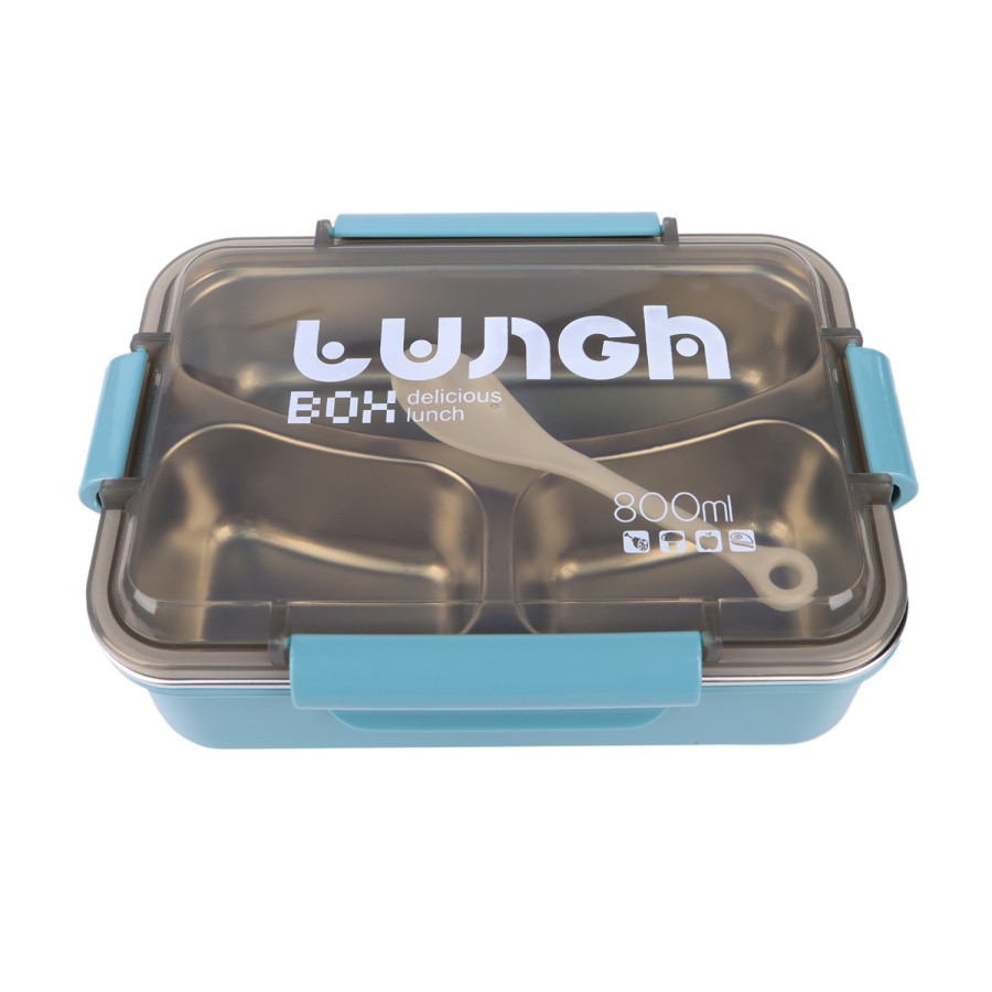 Generic 3 Compartment Stainless Steel Lunch Box with Cutlery 800ml - Green