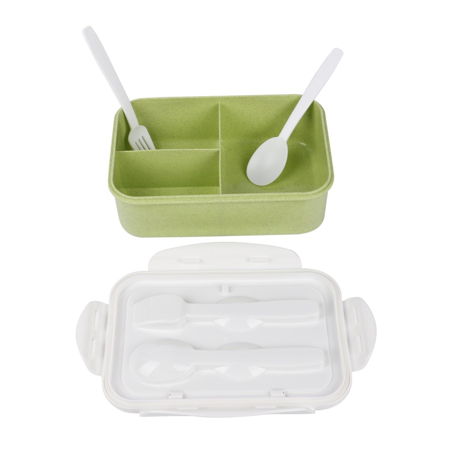 Generic Plastic Rectangular Airtight Lunch Box With Plastic Fork And Spoon 22cm- Green