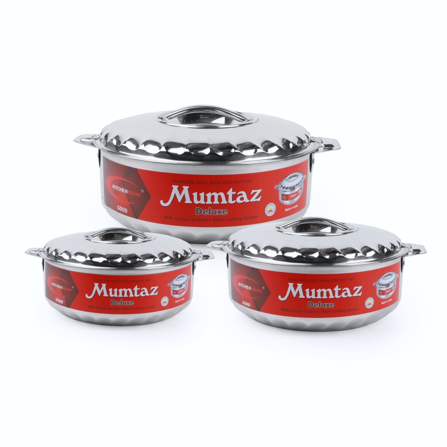 KITCHENMARK 3pc Mumtaz Stainless Steel Insulated Hot Pot 2.5L,3.5L,5L - Silver