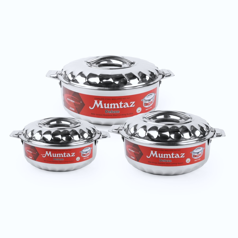 KITCHENMARK 3pc Mumtaz Stainless Steel Insulated Hot Pot 1L,1.5L,2.5L - Silver