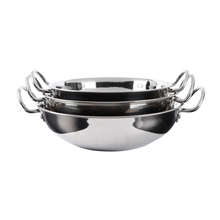 KITCHENMARK 3pc Stainless Steel Wok Pan Deep Kadai Set 24cm, 27cm, 29cm - Silver