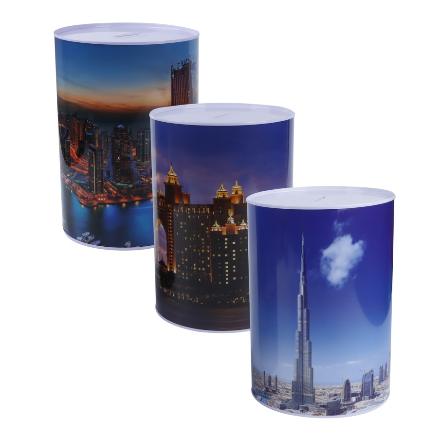 Generic Metallic Dubai Themed Coin Box Size XXXL 22cm - 3 Color Pack