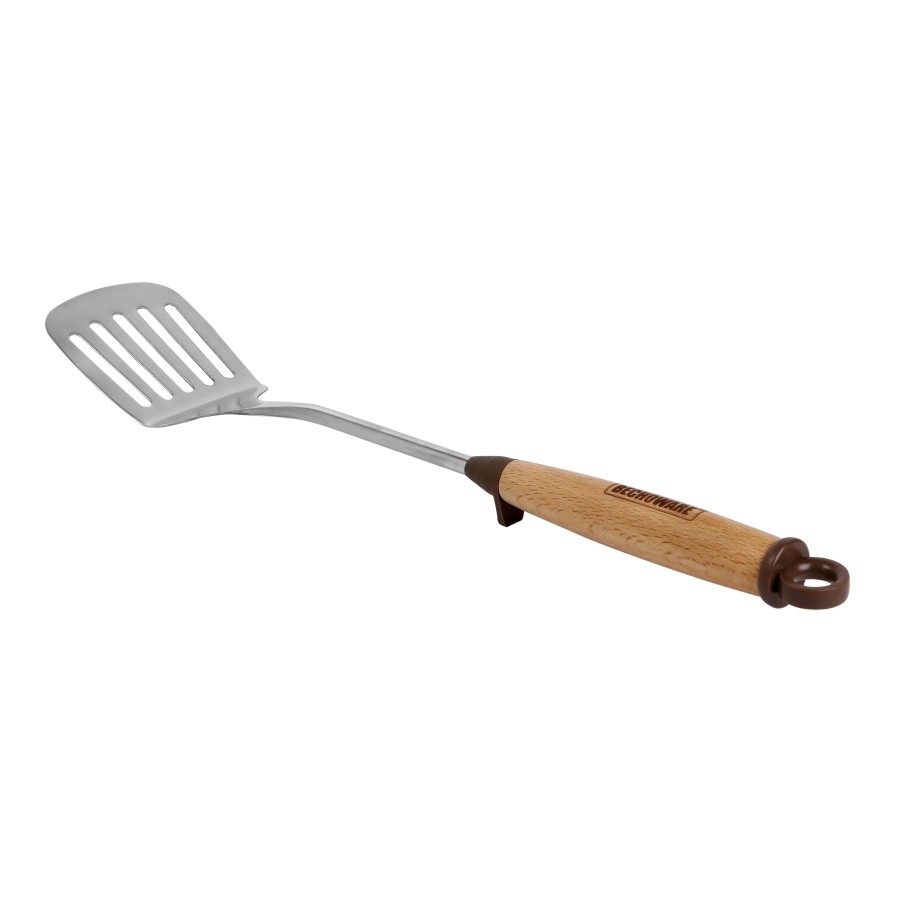 BECHOWARE Stainless Steel Wooden Handle Slotted Turner Spatula 42cm