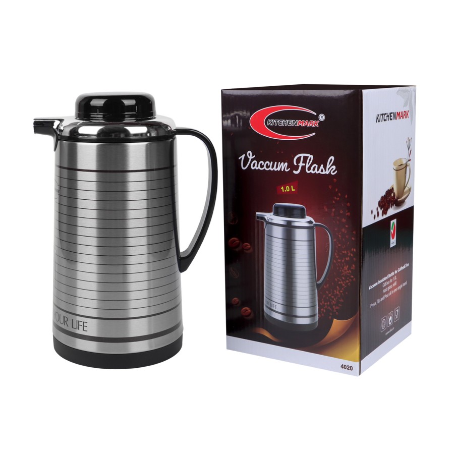 KITCHENMARK 1L Vacuum Flask - Silver Stripes