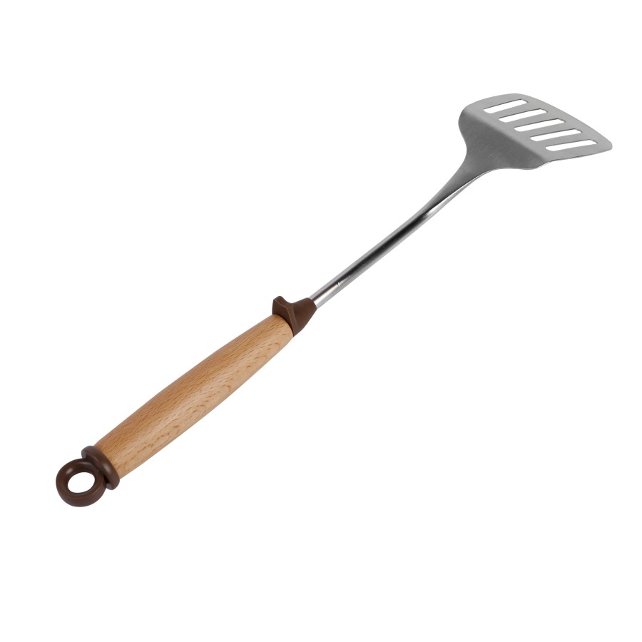 BECHOWARE Stainless Steel Wooden Handle Slotted Turner Spatula 42cm