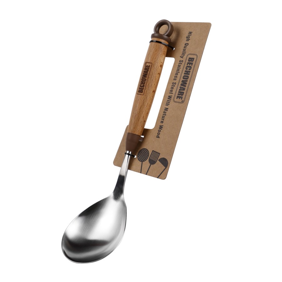 BECHOWARE Stainless Steel Wooden Handle Basting Serving Spoon 31cm